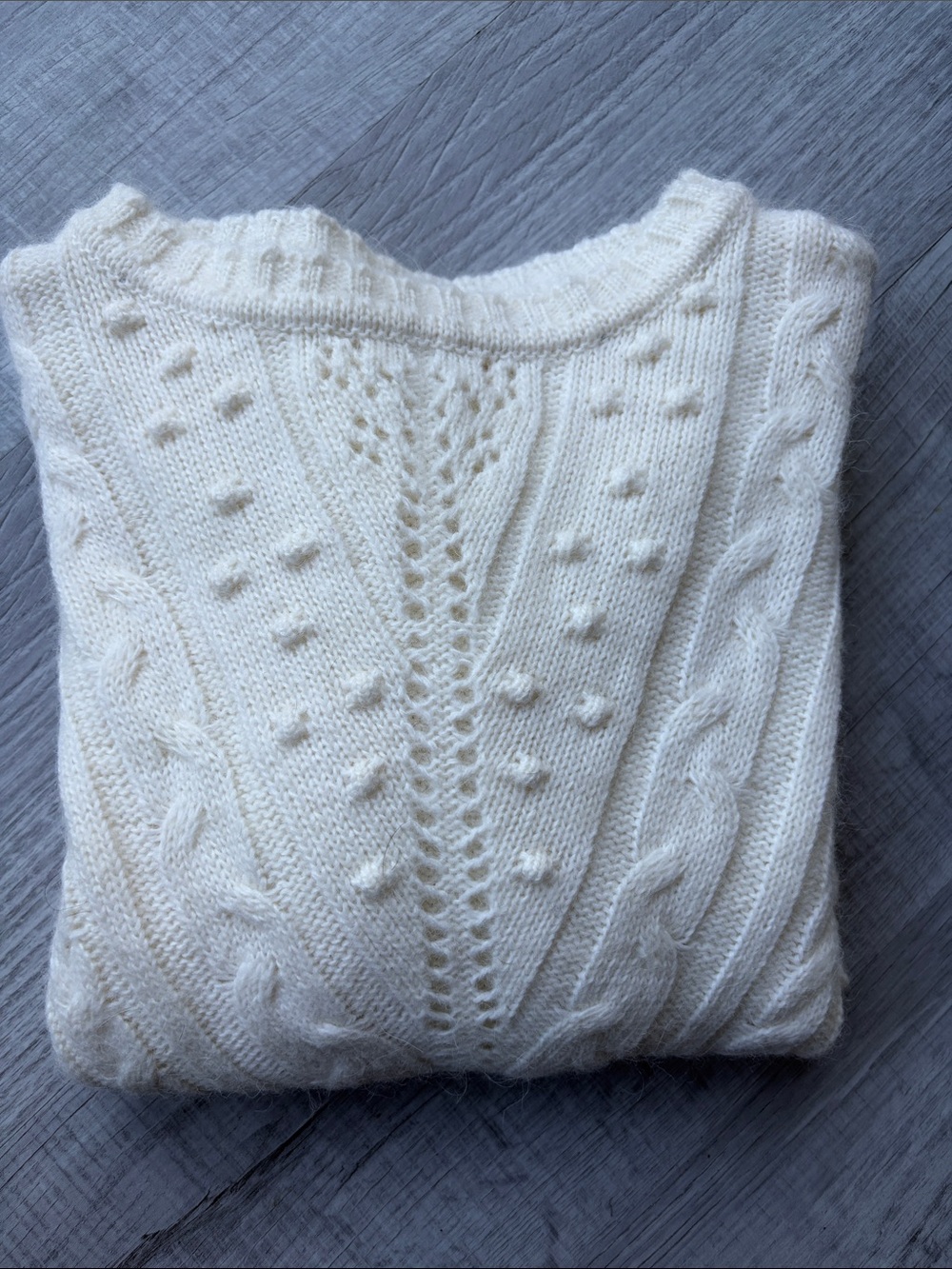 Monoprix/Premium Ivory Textured Cable Crewneck Sweater, Size M.